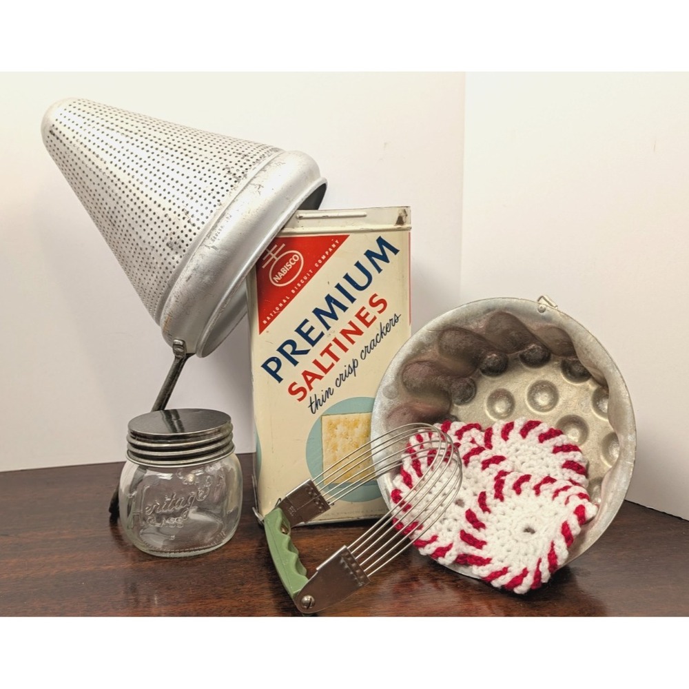 Vintage Kitchen Lot Aluminum Food Mill Nabisco Tin Jello Mold Pastry Blender 6pc